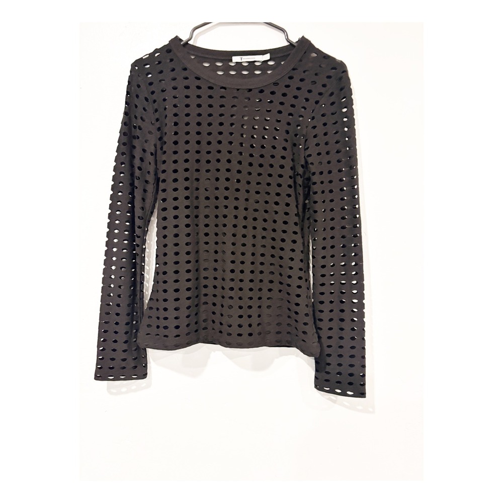 T by Alexander Wang Black Perforated Laser Cut Long Sleeve Top Medium